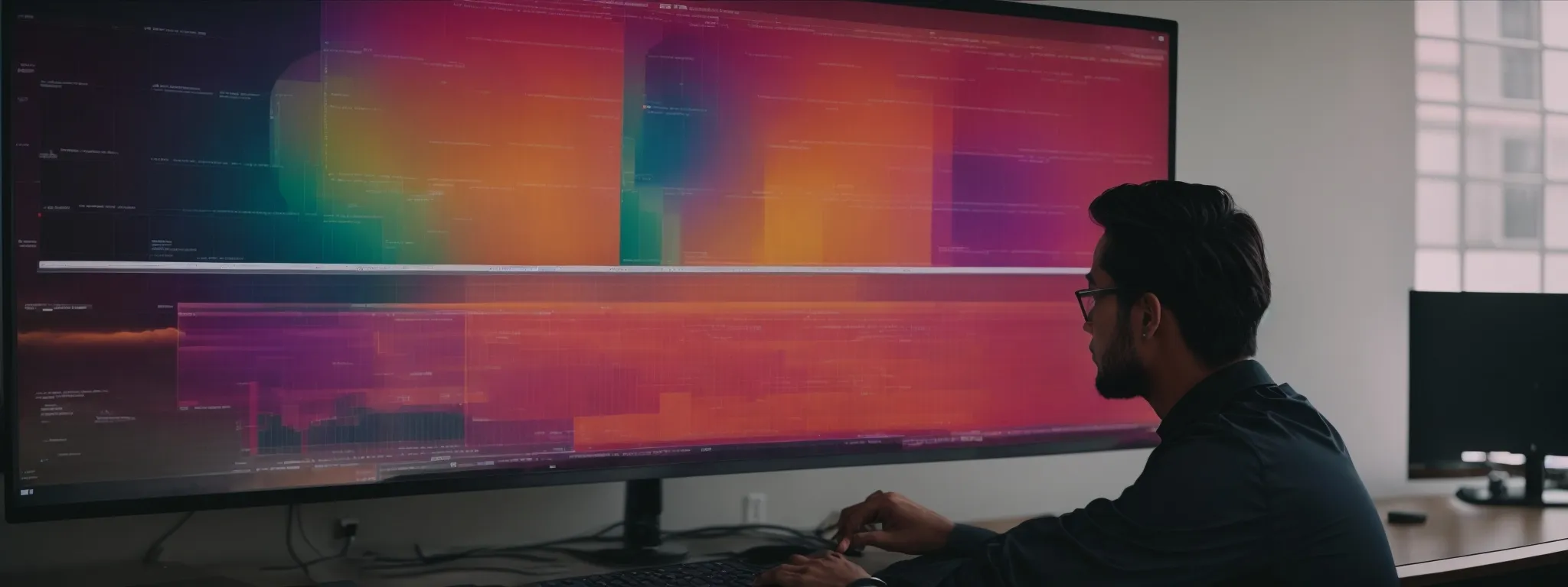 a digital marketer scrutinizes a computer screen displaying a colorful heatmap over a website layout.
