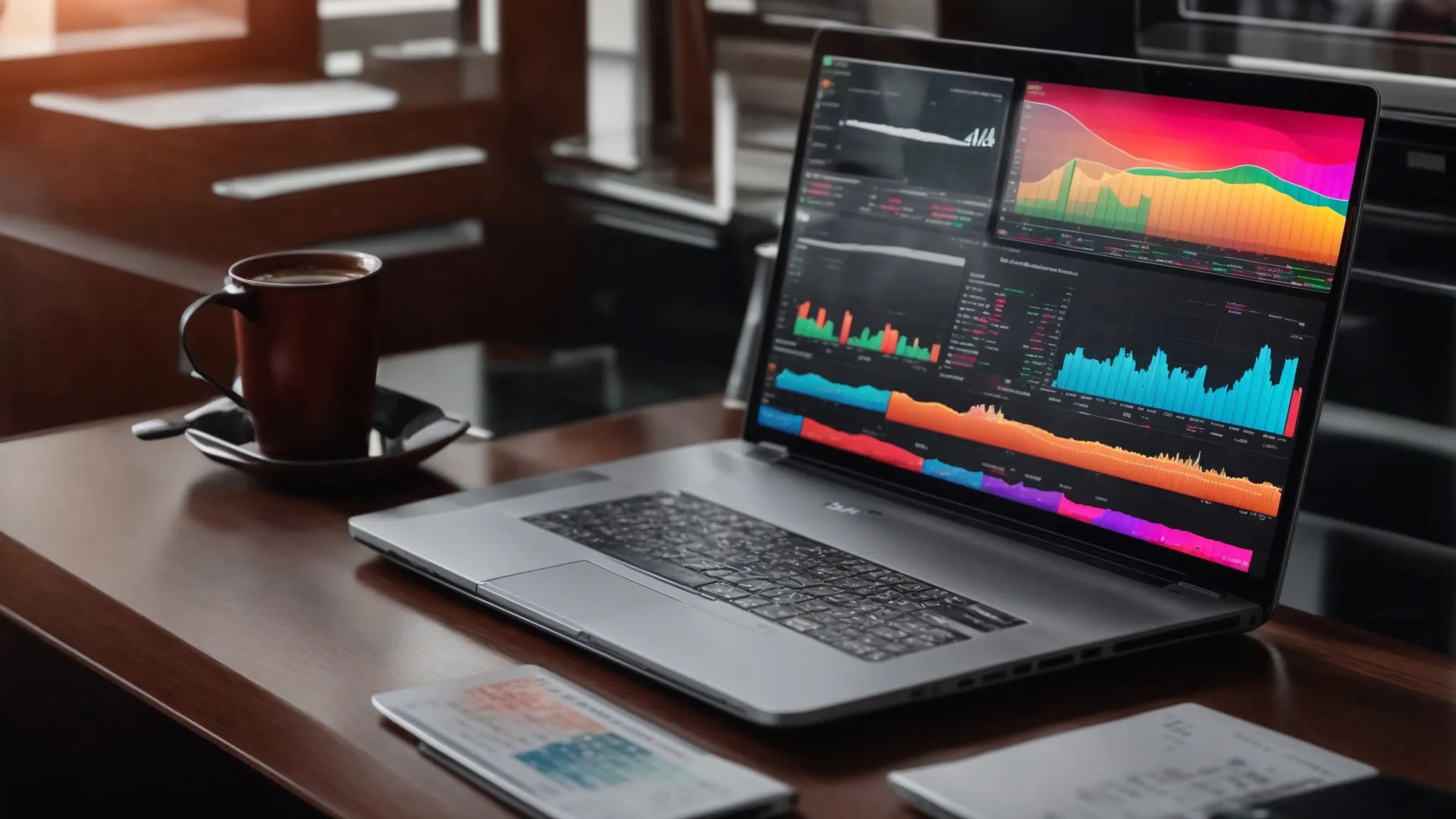 a sleek laptop with colorful charts on the screen sits on a modern office desk surrounded by marketing strategy reports and a cup of coffee.
