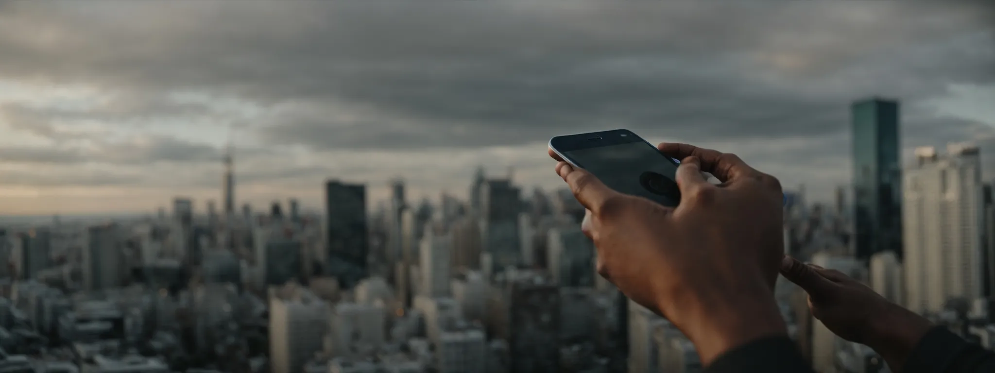 a person tapping on a smartphone with a city backdrop, symbolizing urban mobile connectivity.