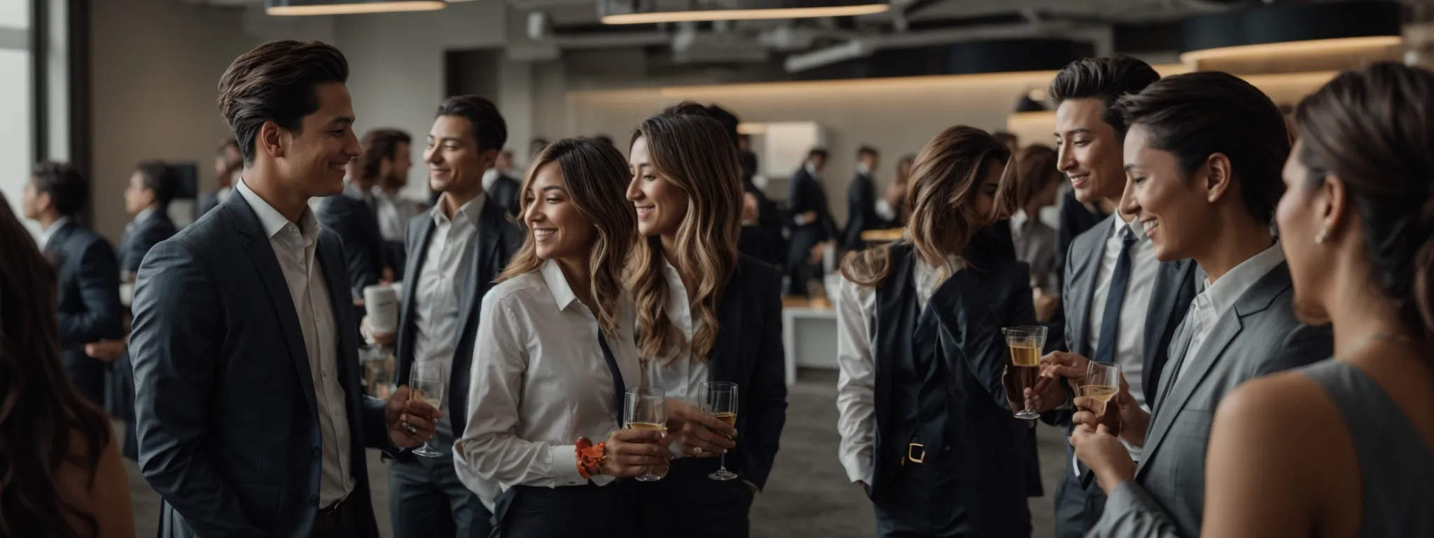 a group of professionals engaged in a lively networking event in a modern office space, symbolizing collaboration and strategy in the digital realm.