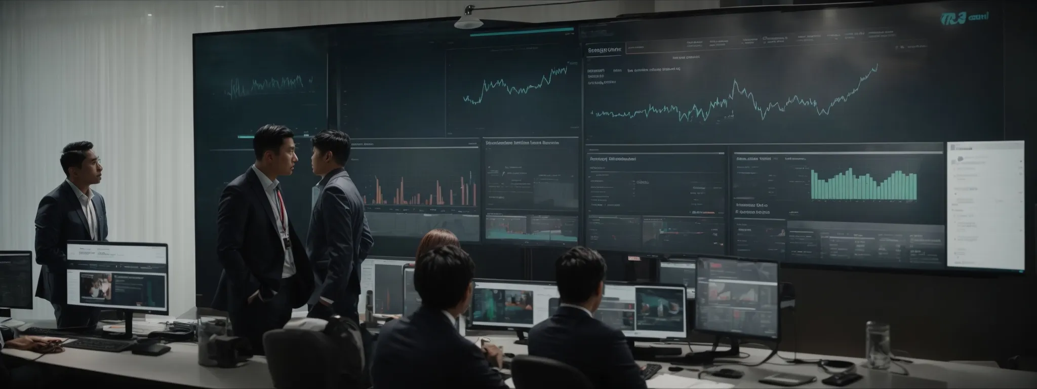 a team of strategists collaborates around a large screen displaying a website analytics dashboard.