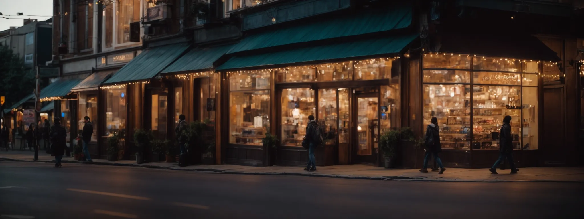 an image of a lit-up storefront on a bustling street at dusk, symbolizing a successful local business presence.