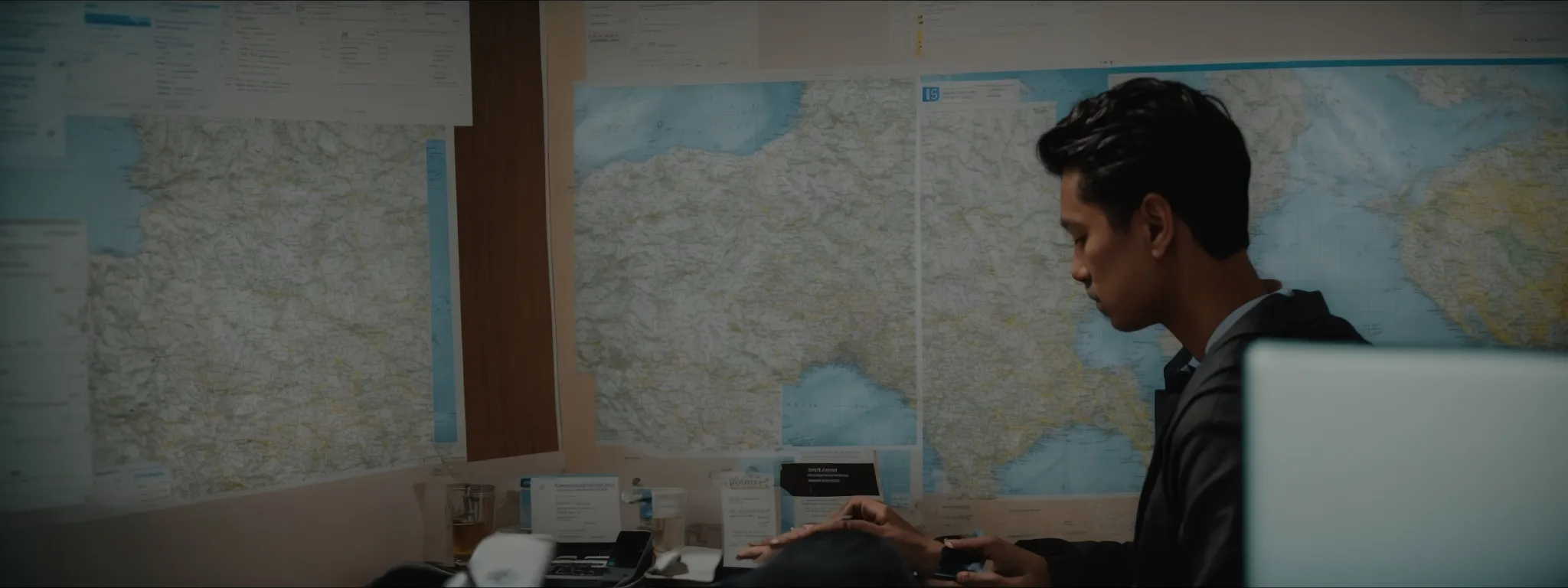a business owner reviews a map dotted with markers while a computer displays search engine rankings in the background.