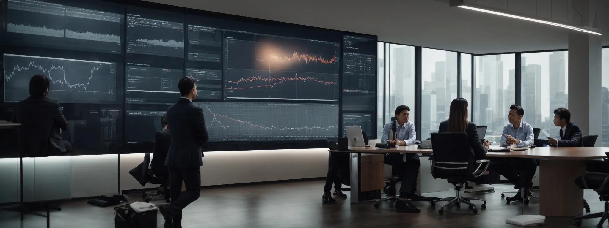 a modern marketing team analyzes data on a large screen in a sleek office, reflecting a strategic discussion on brand integration.