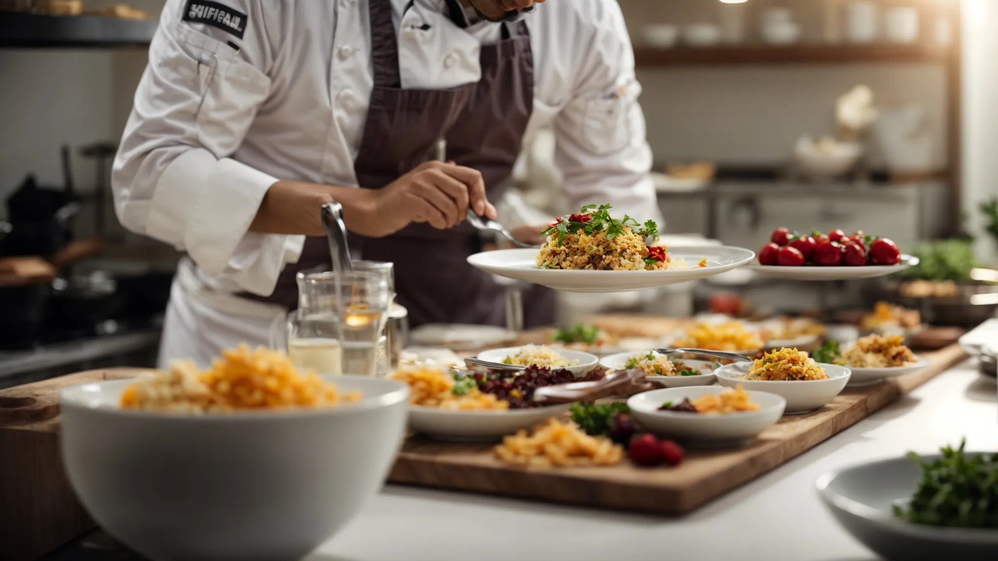 a chef is presenting a beautifully arranged plate of food in a well-lit modern kitchen setting.