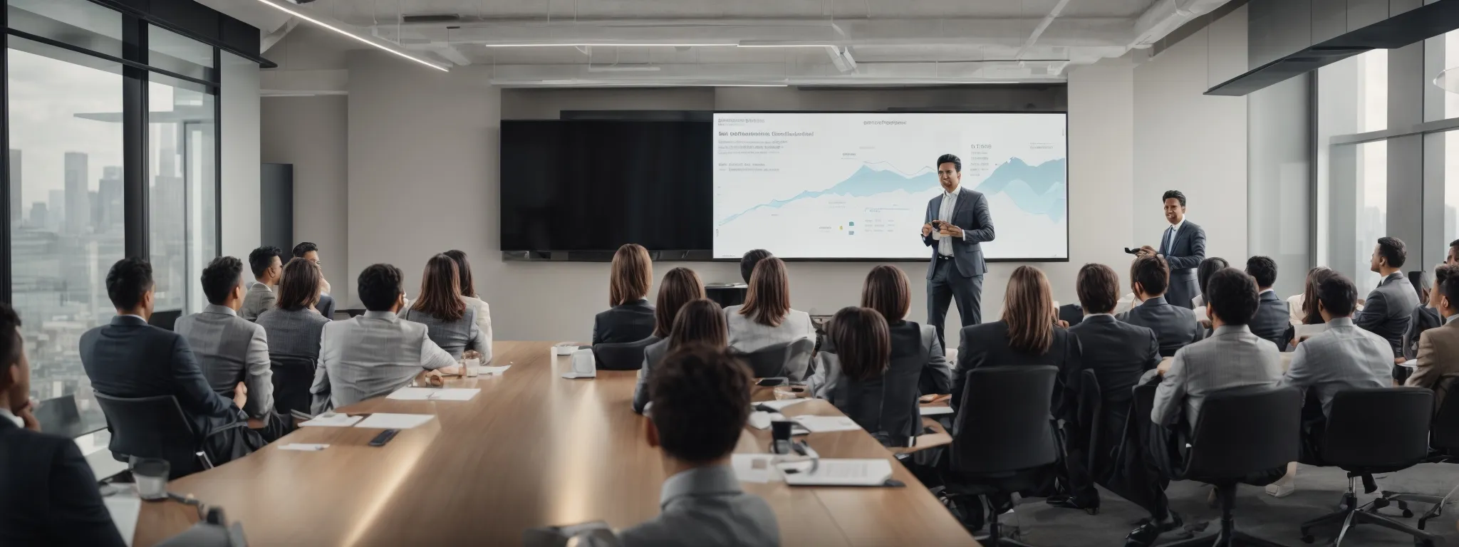 a professional delivering a presentation to an engaged audience in a modern conference room, highlighting the intersection of seo and advanced call tracking on a large screen.