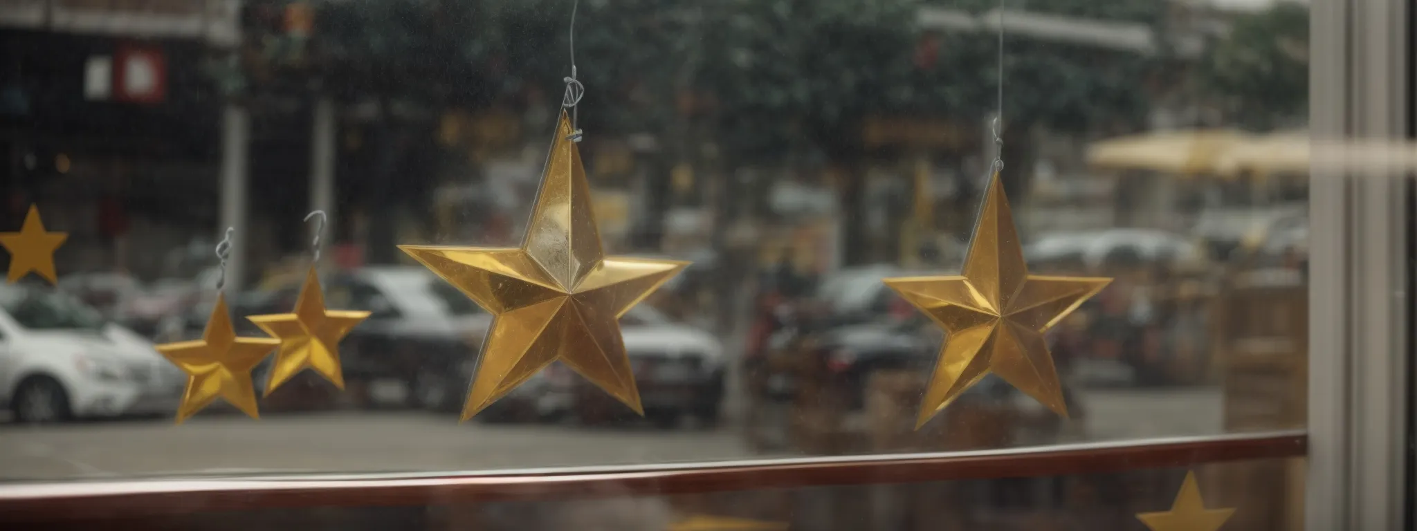 a five-star rating symbol visible on a storefront window to signify high customer satisfaction.