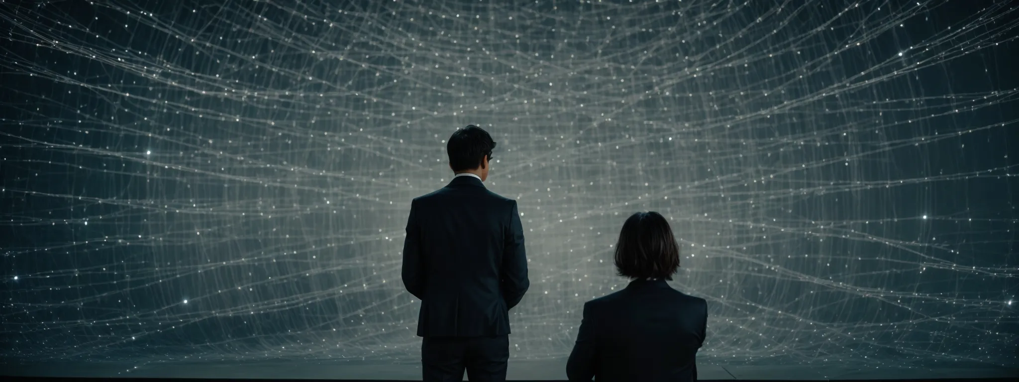 a person in front of a large computer screen analyzing a complex web of interconnected nodes representing a search engine's algorithm.