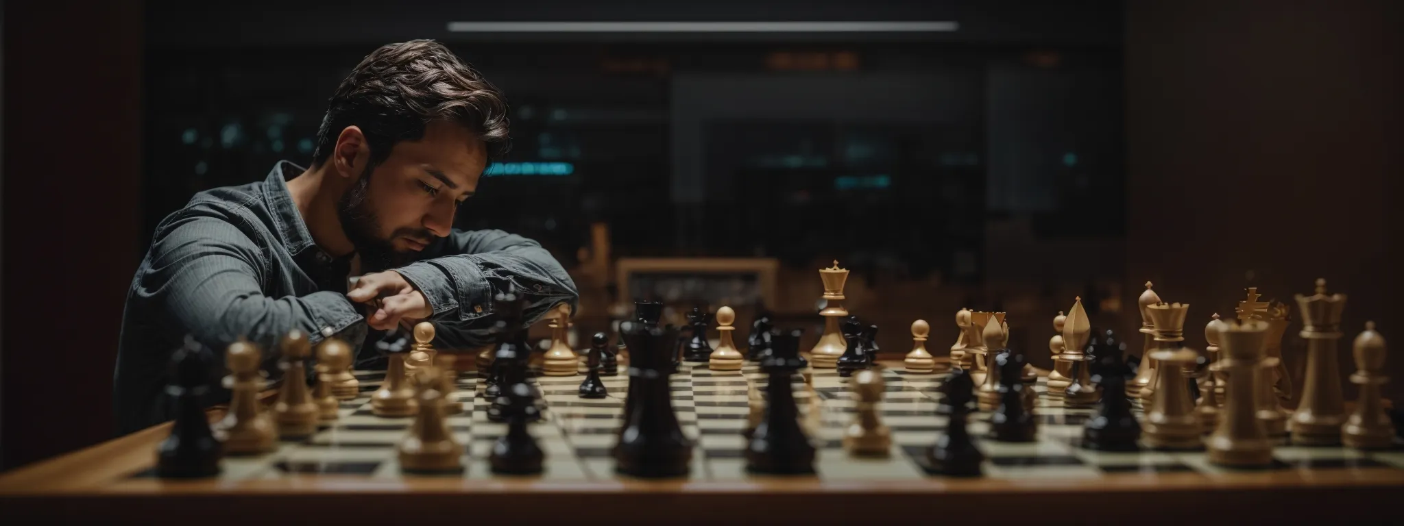 a strategist contemplating a complex chessboard setup to symbolize the tactical use of 'noindex' and 'nofollow' in seo.