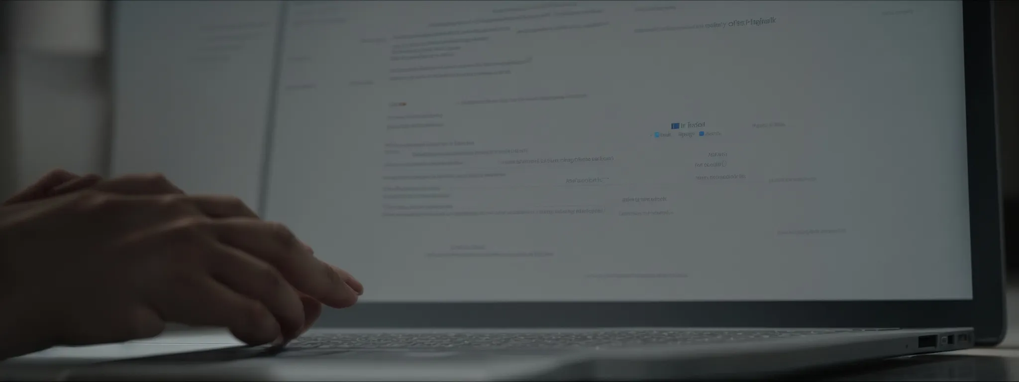 a person typing on a laptop with a visible search engine results page on the screen.