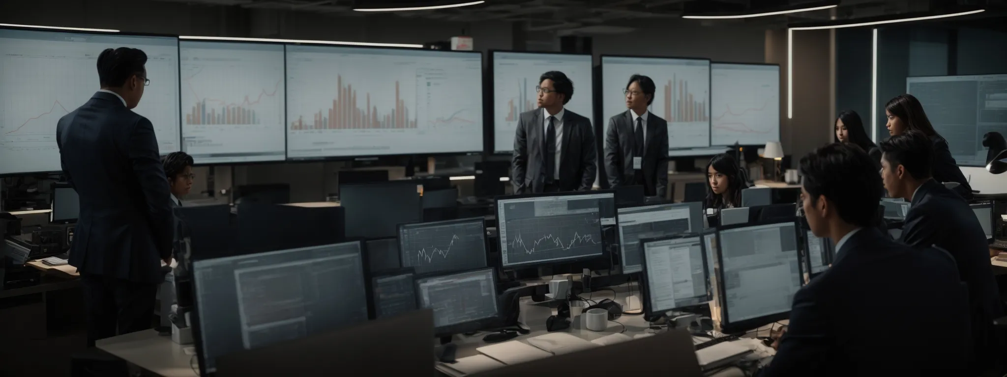 a group of professionals scrutinizes charts and graphs on a large monitor in a modern office.