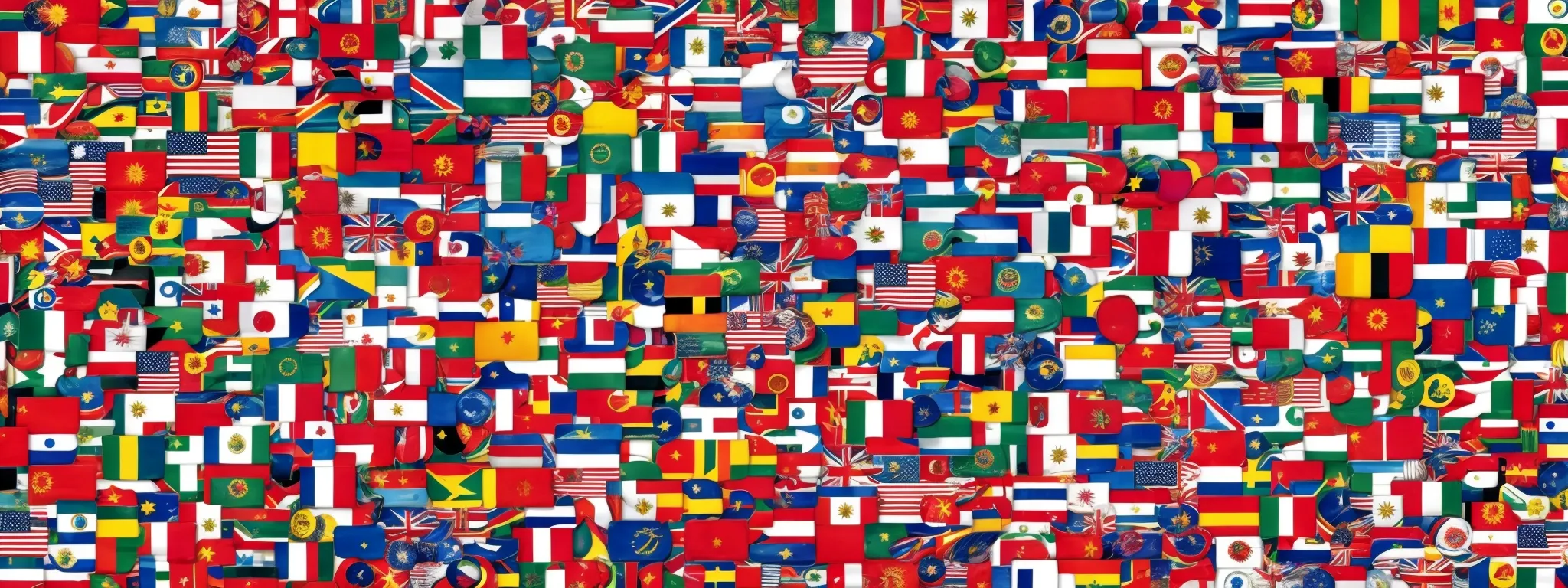 a globe surrounded by various international flags, with a magnifying glass focusing on different regions.