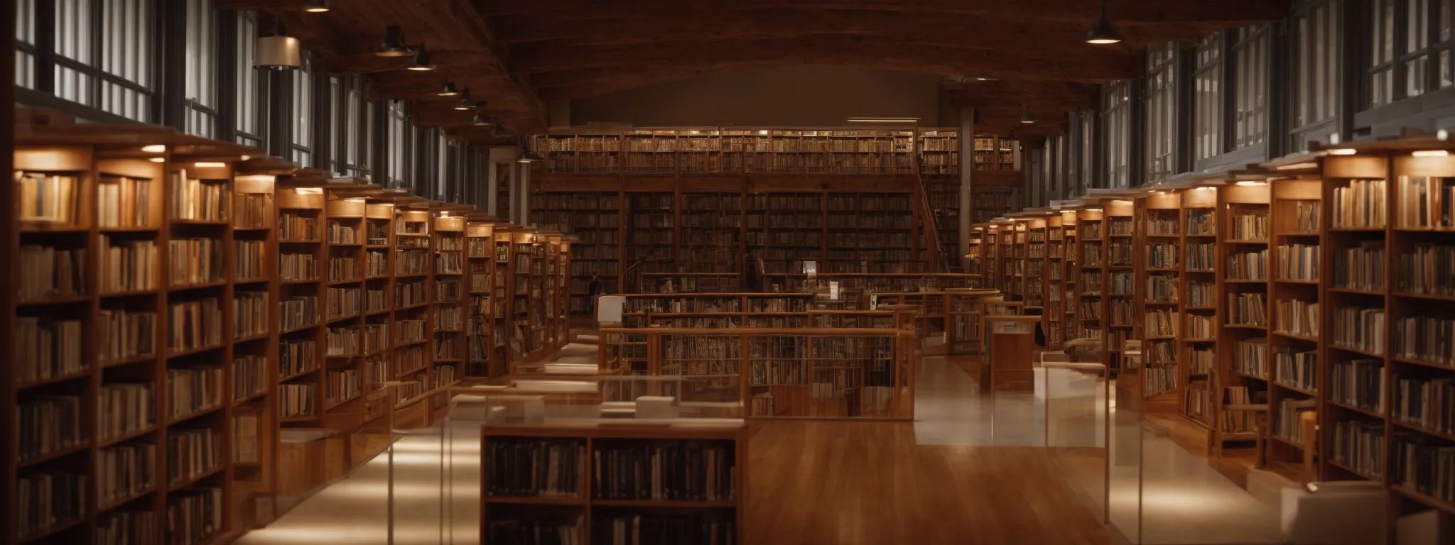 a serene library with rows of bookshelves creating pathways for an academic quest.