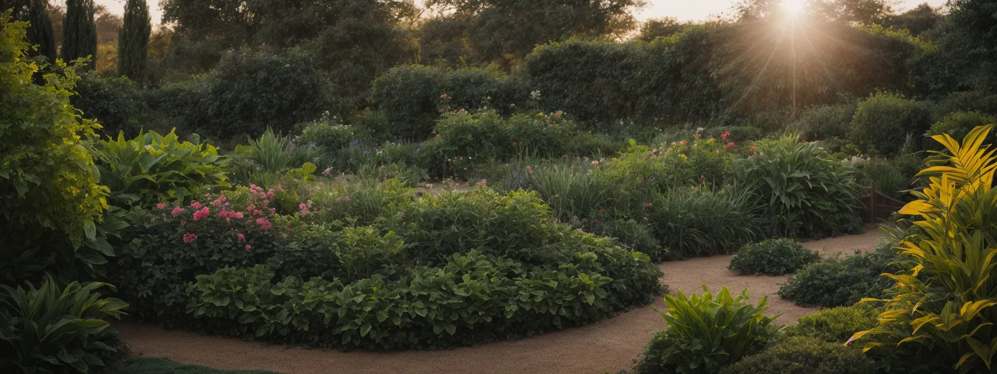 a garden overflowing with lush plants under the soft glow of sunrise, symbolizing natural growth and potential.