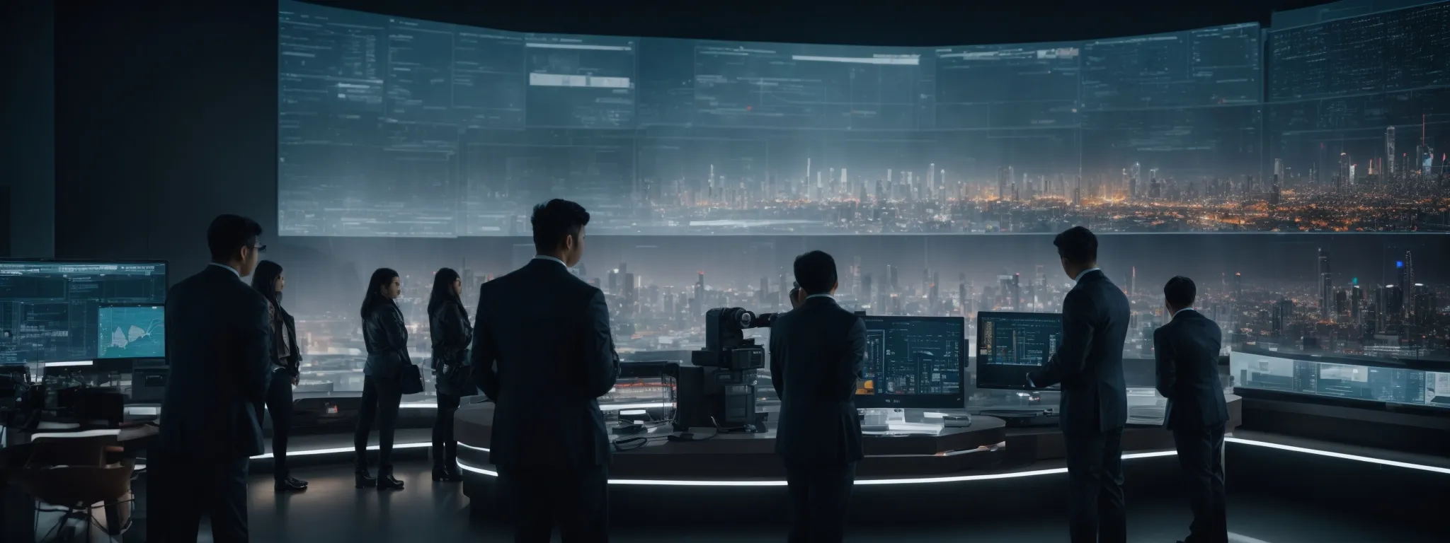a futuristic skyline with professionals gathered around a high-tech digital analytics dashboard.