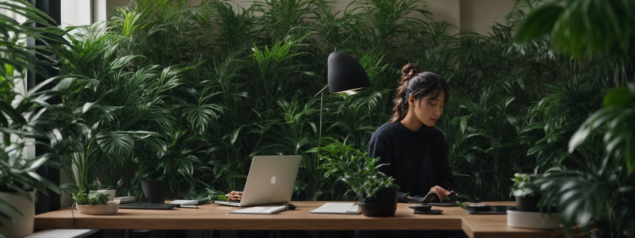 a panoramic view of an individual typing on a laptop in a minimalist workspace, surrounded by lush indoor plants, symbolizing focused content creation for seo.