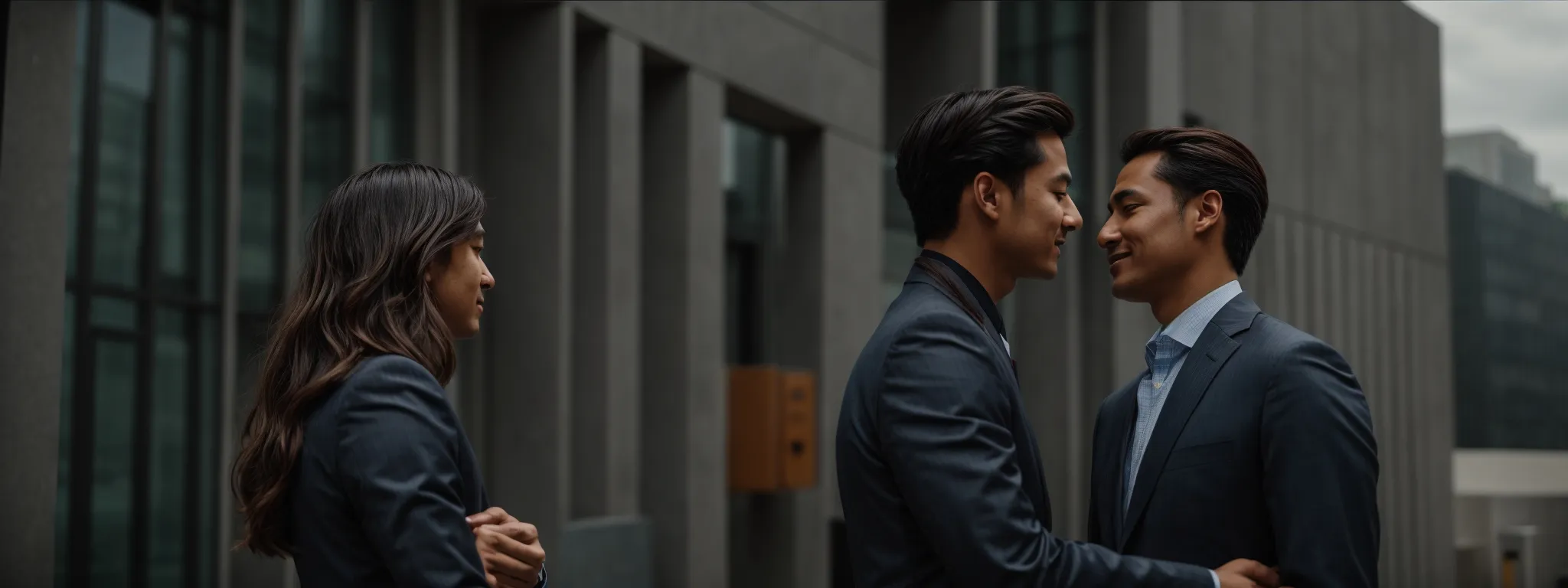 a firm handshake between two business professionals in front of a modern office building.
