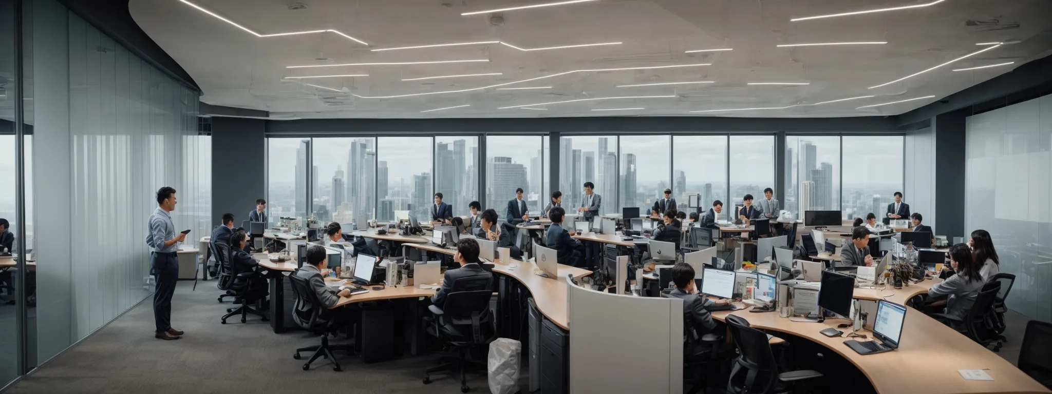 a panoramic view of a modern office with bustling professionals engaged around a large conference table, studying analytics on multiple screens.