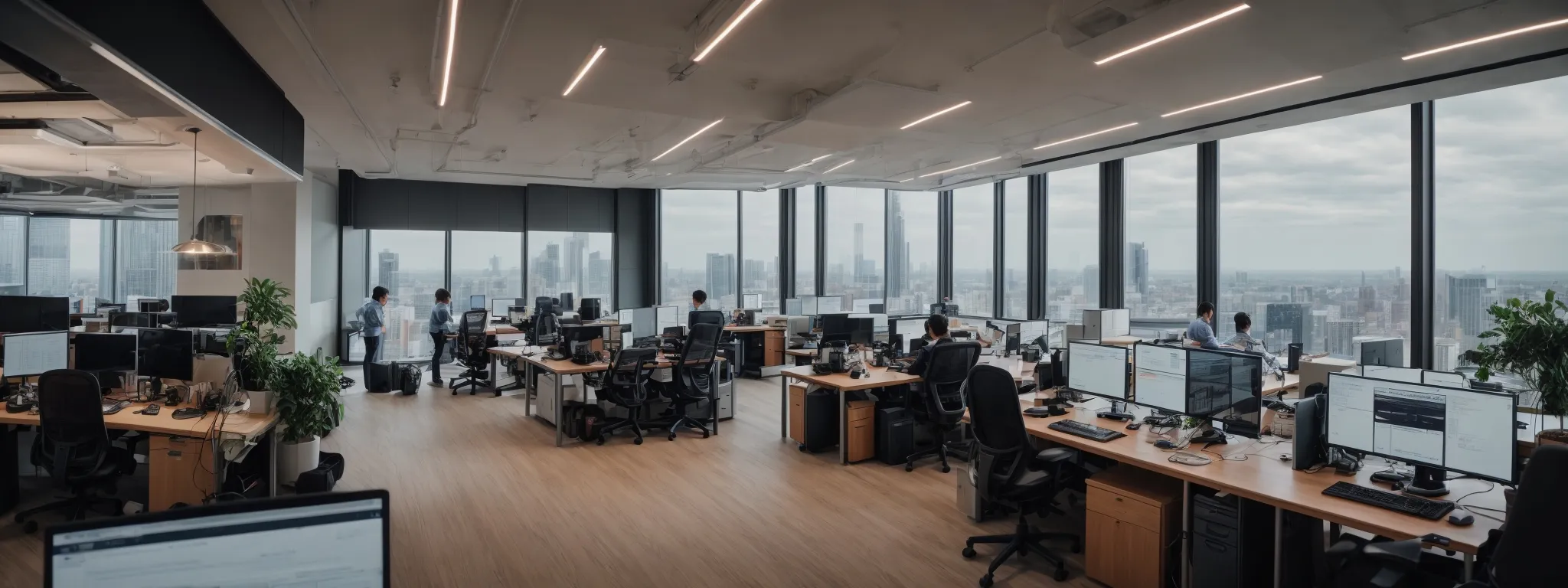 a panoramic view of a modern office space where a professional team analyzes data on a large screen to optimize a website's search engine performance.