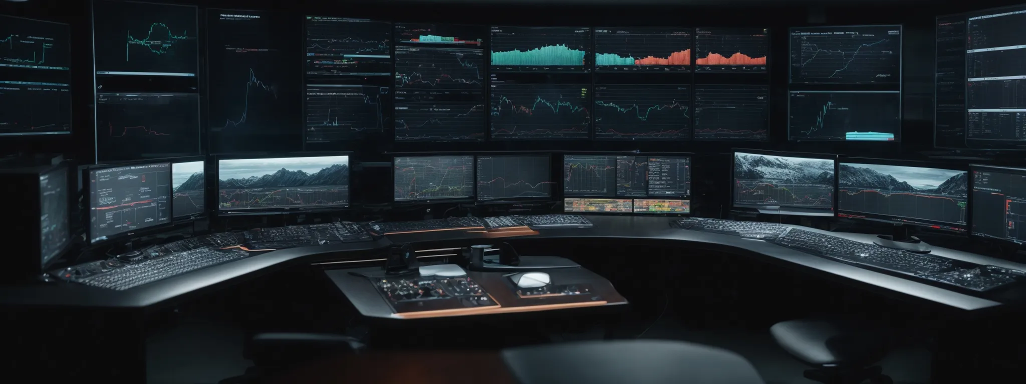 a sleek command center with multiple monitors displaying graphs and analytics dashboards.