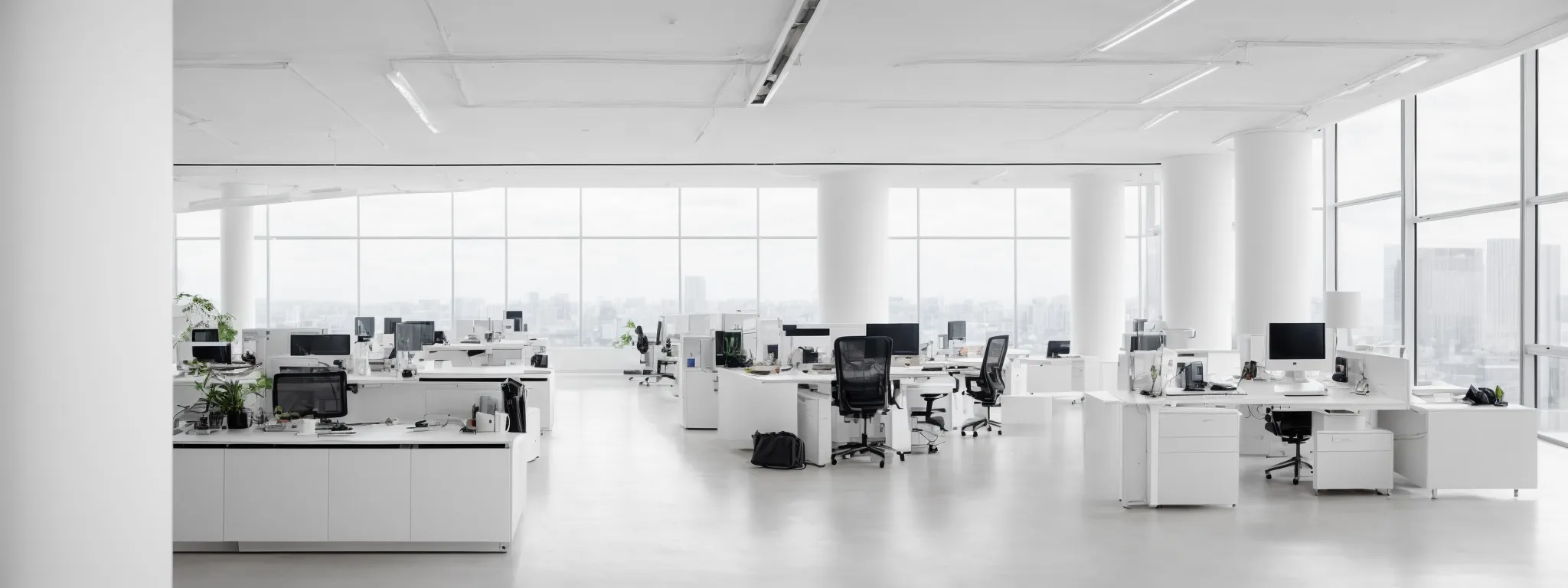 a panoramic view of a sleek, modern office with minimalist design and ample white space, highlighting efficiency and focus.