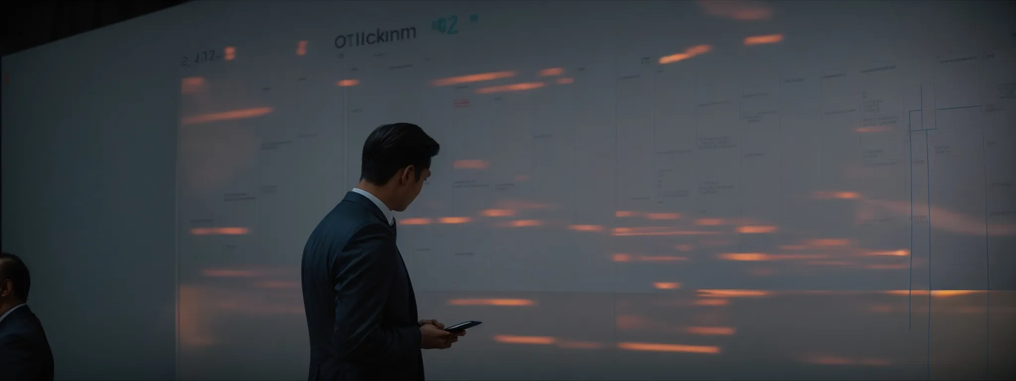 a project manager gazes at a digital calendar on a large screen, orchestrating team tasks.