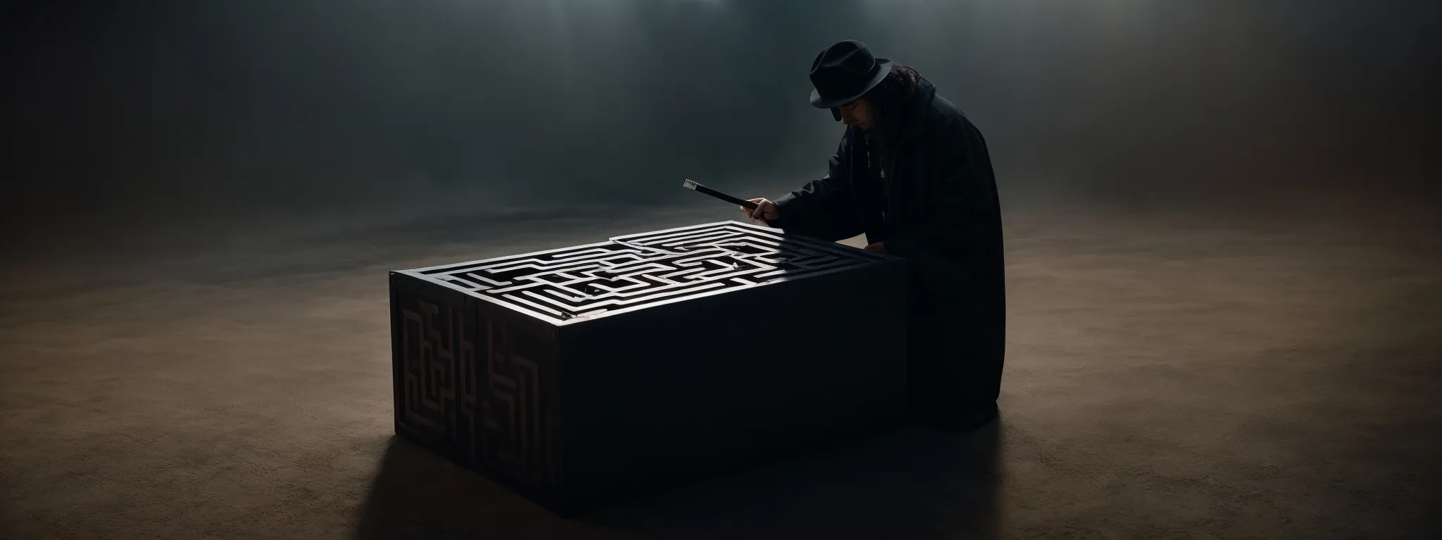 a shadowy figure opening a labyrinthine box symbolizing the hidden and deceptive nature of black hat seo tactics.