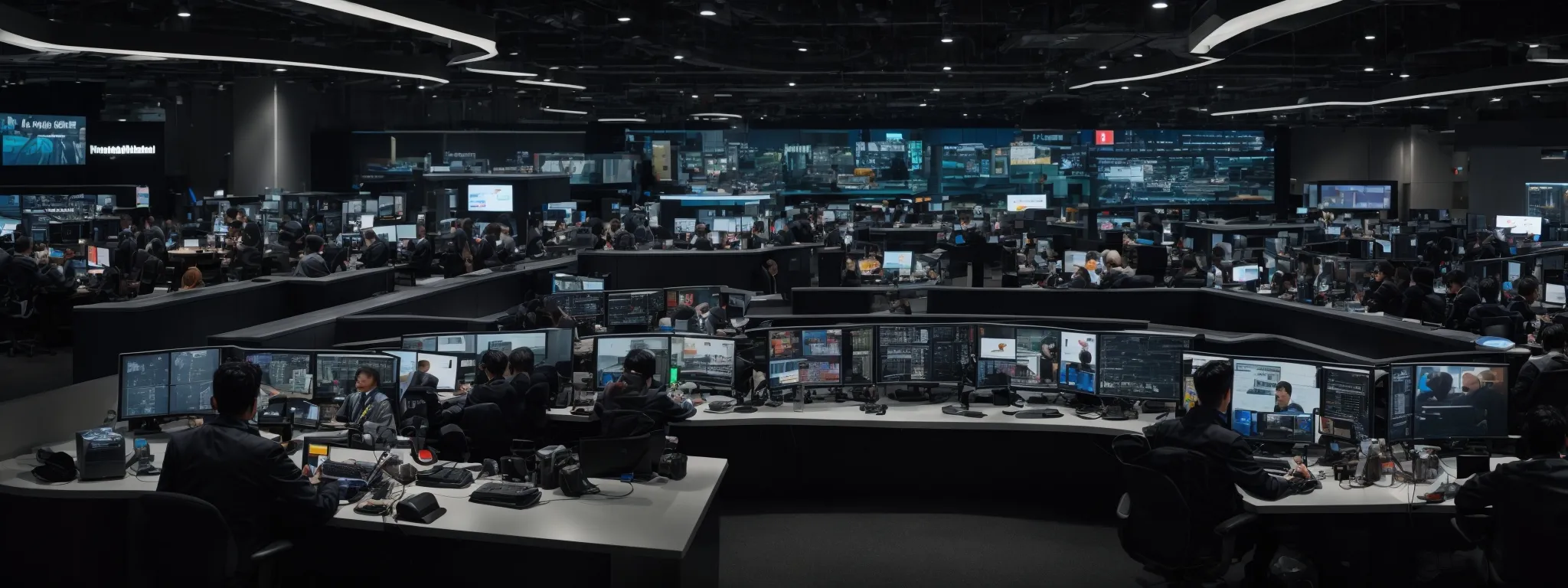 a bustling social media command center with multiple screens showcasing different social media platforms.
