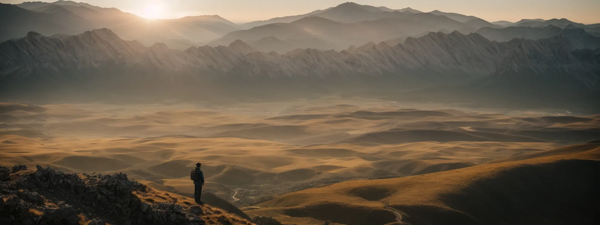 a person standing atop a mountain, gazing towards a horizon where the sun rises over a landscape of interconnected digital networks.