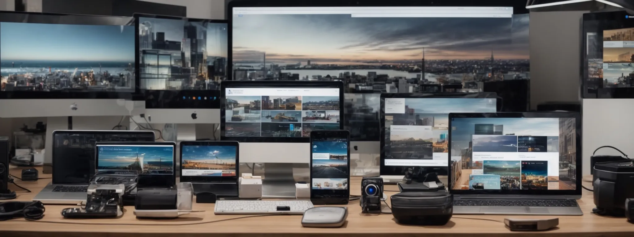 a panoramic view of diverse digital devices representing different platforms, all displaying cleanly organized web pages with seamless navigation.