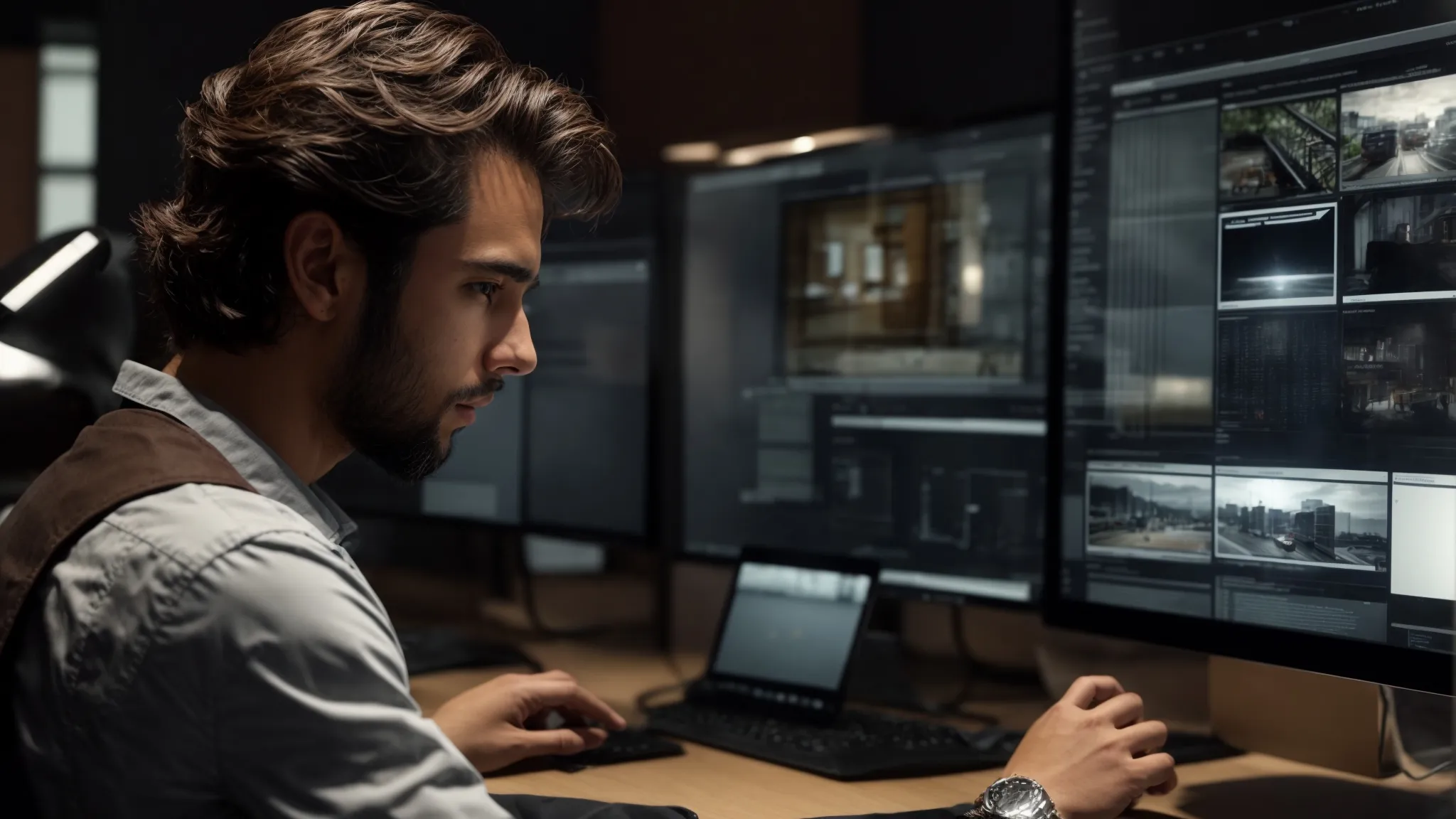 a developer intently scrutinizing a website's layout on multiple virtual mobile devices displayed on a large computer screen.