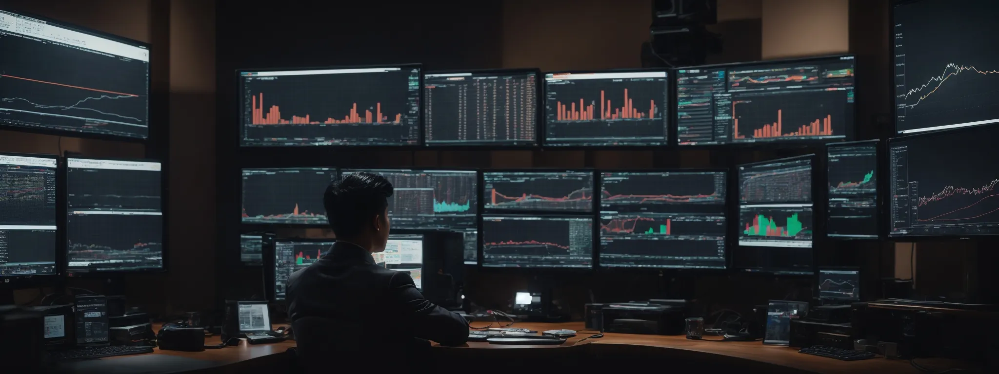 a marketer sits before a wide, multi-screen computer setup, deeply focused on analytics dashboards that reveal insights into audience trends and behaviors.