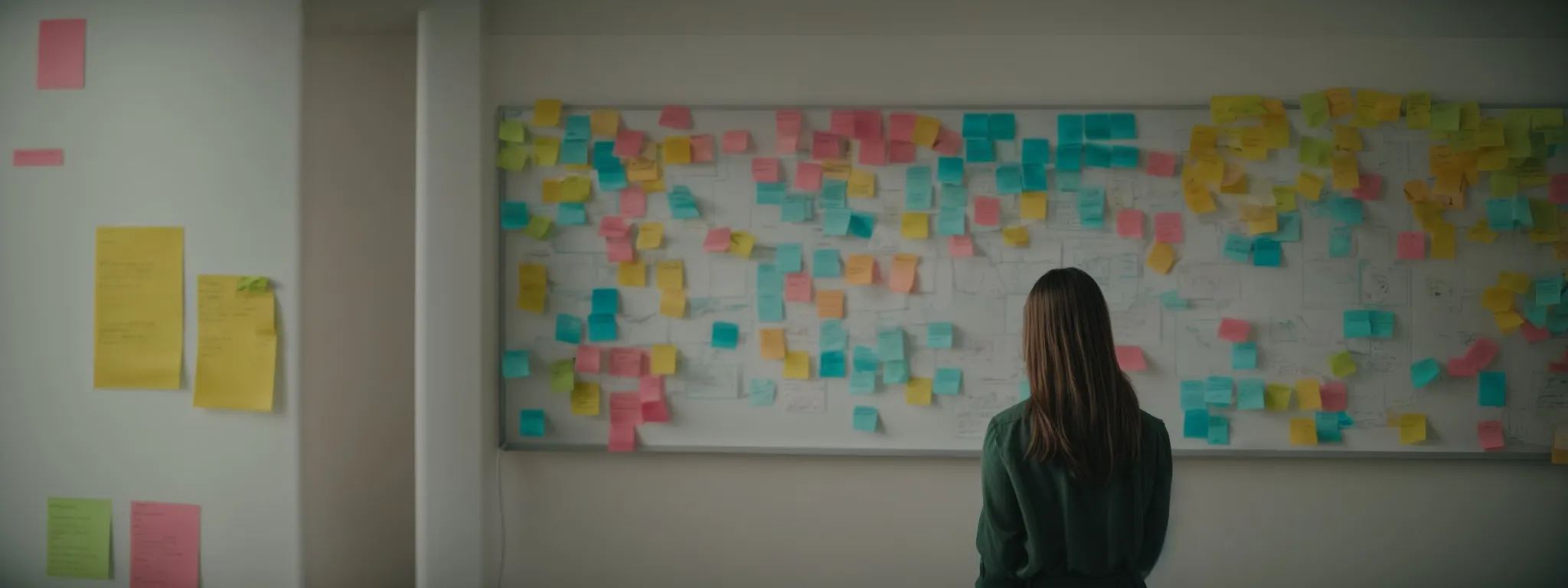 a person stands in a well-lit room, looking thoughtfully at a large whiteboard covered in colorful sticky notes and content strategy diagrams.