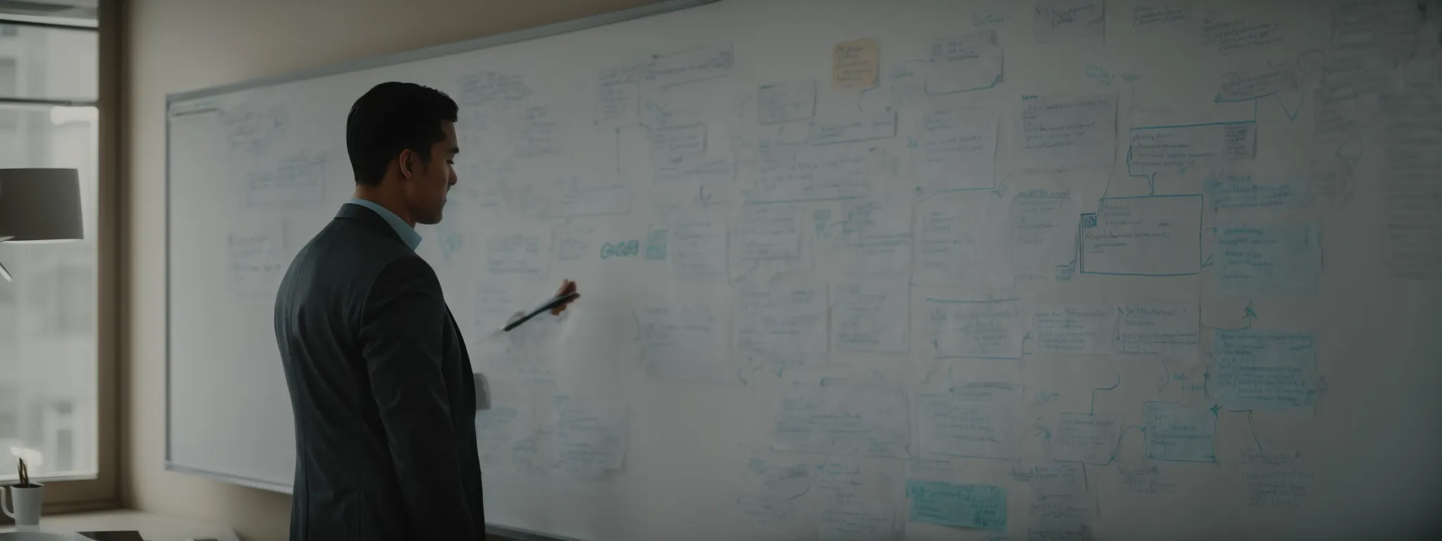 an individual brainstorming a marketing plan on a whiteboard with seo and social media strategy flowcharts.