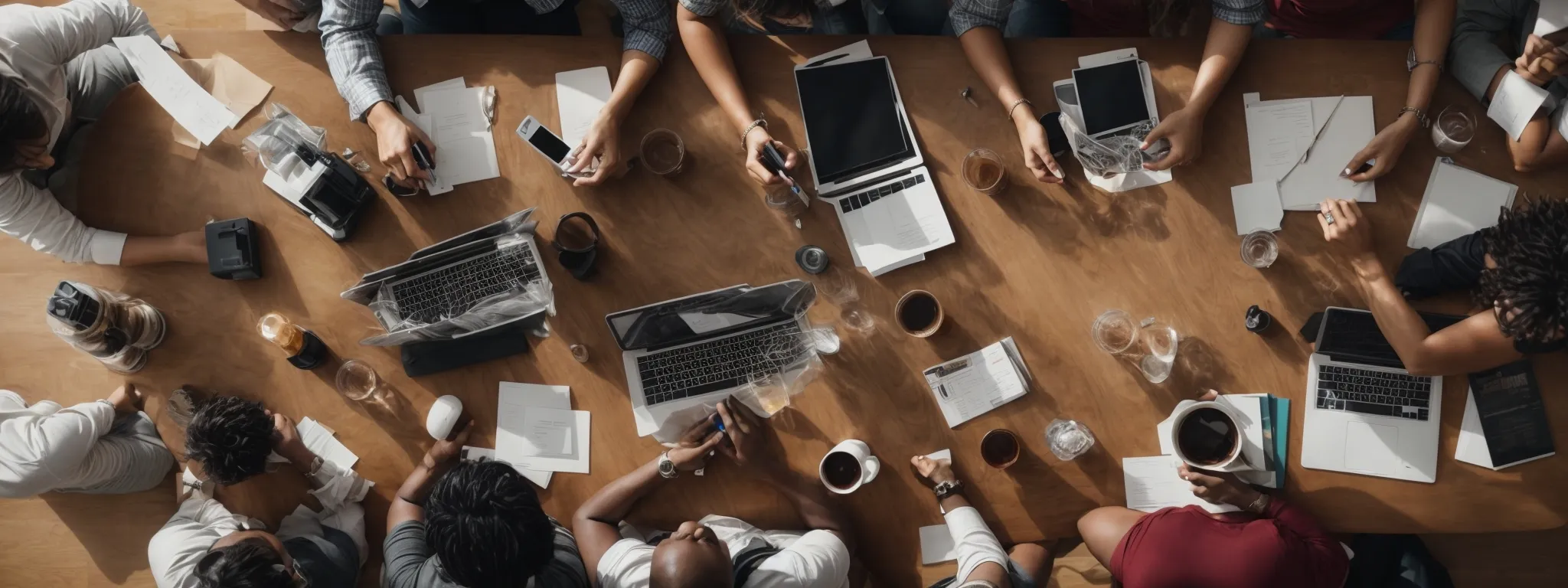a top-down view of a diverse team engaged in an energetic brainstorming session around a table strewn with digital devices and marketing materials.