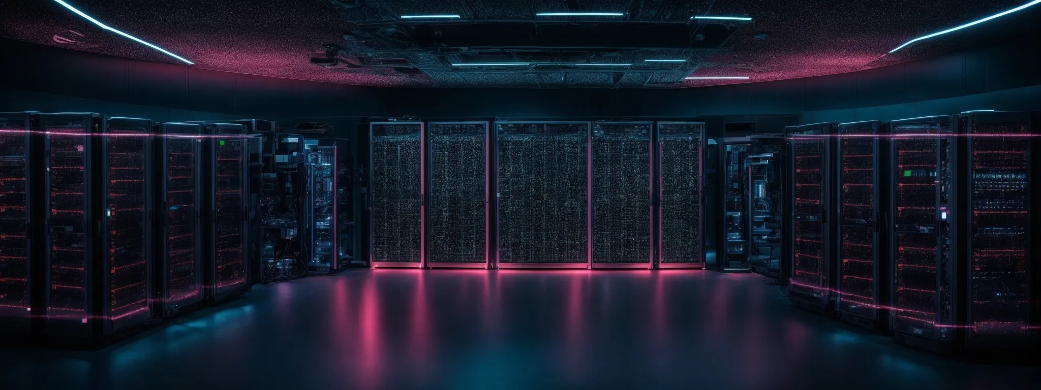 a panoramic view of an intricate data center with numerous servers and glowing lights, symbolizing the technological infrastructure behind content crawling and indexation.