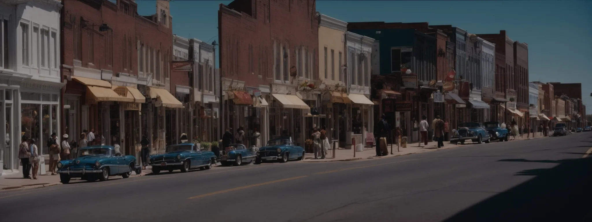 a bustling street in frederick with visible storefronts and a clear blue sky above.