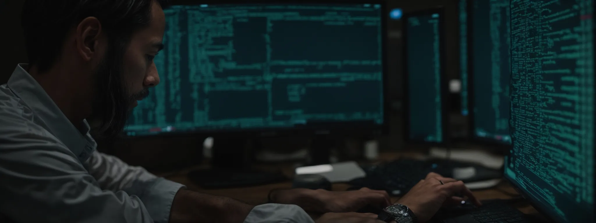 a web developer intently scrutinizes lines of code on a computer screen, pondering the best redirect technique for seo.