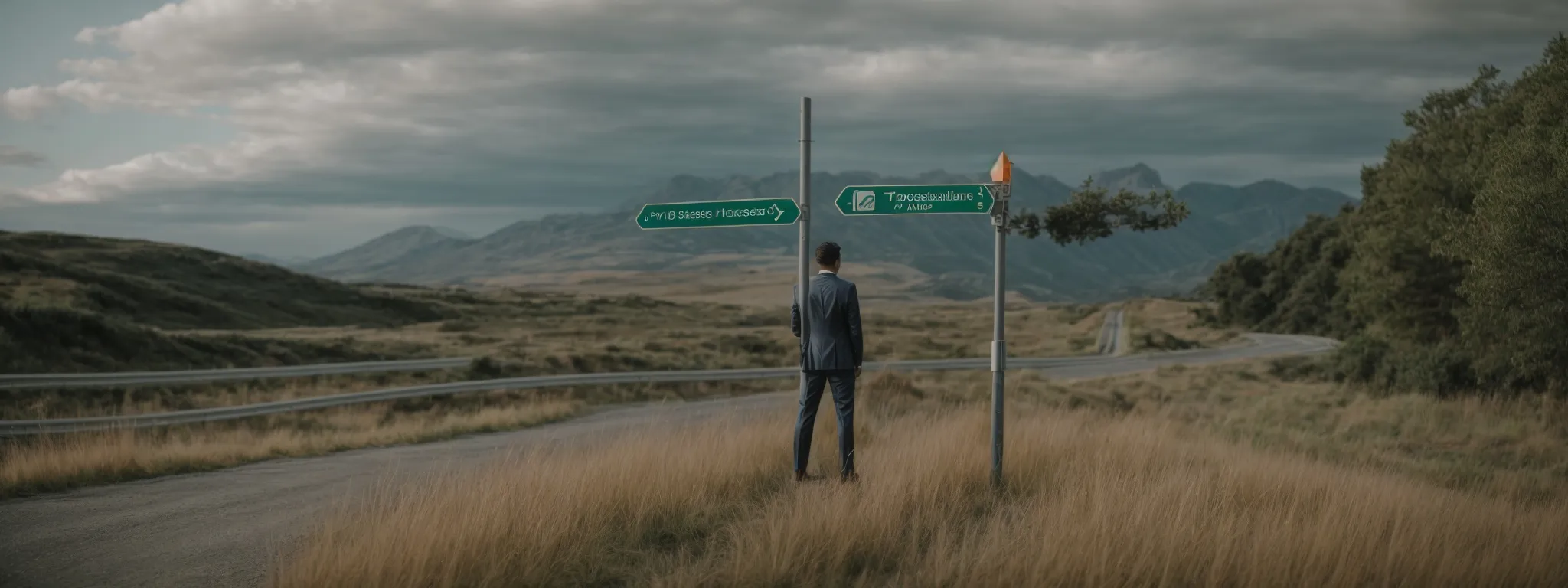 a ceo experiencing a moment of contemplation at a crossroads signpost with paths marked 