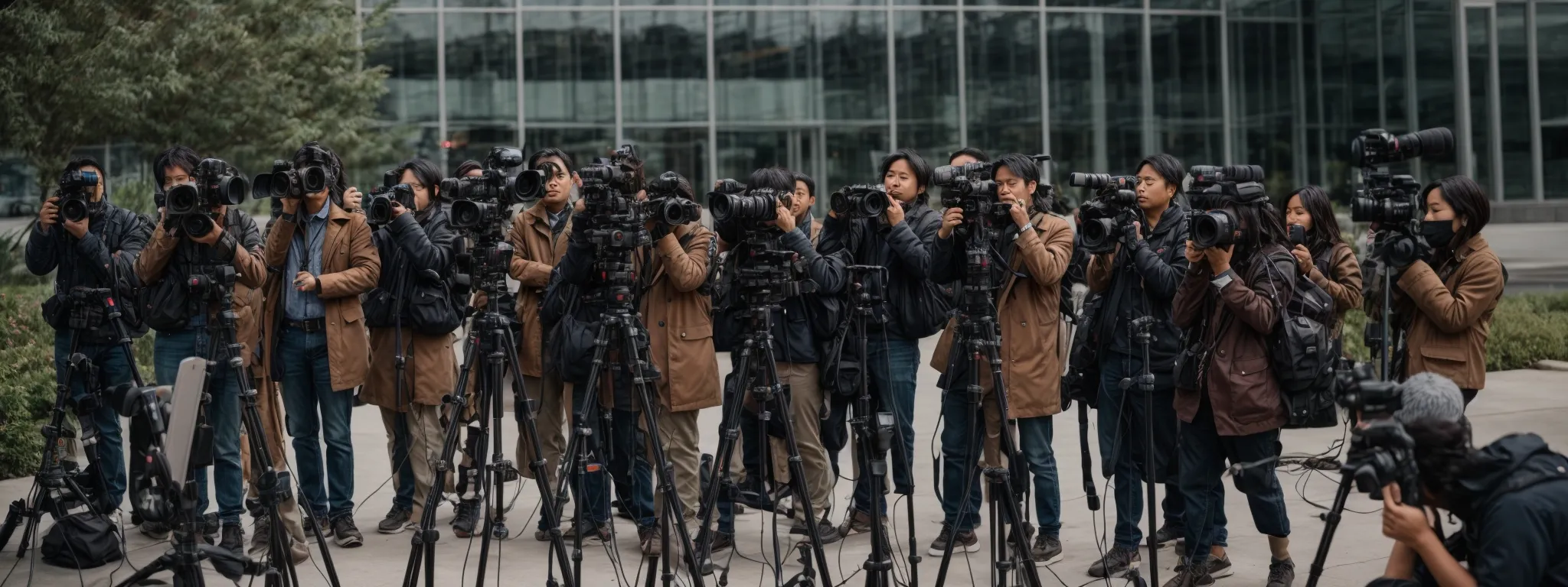 a row of diverse journalists holding cameras and microphones in front of a corporate building ready to cover a breaking story.
