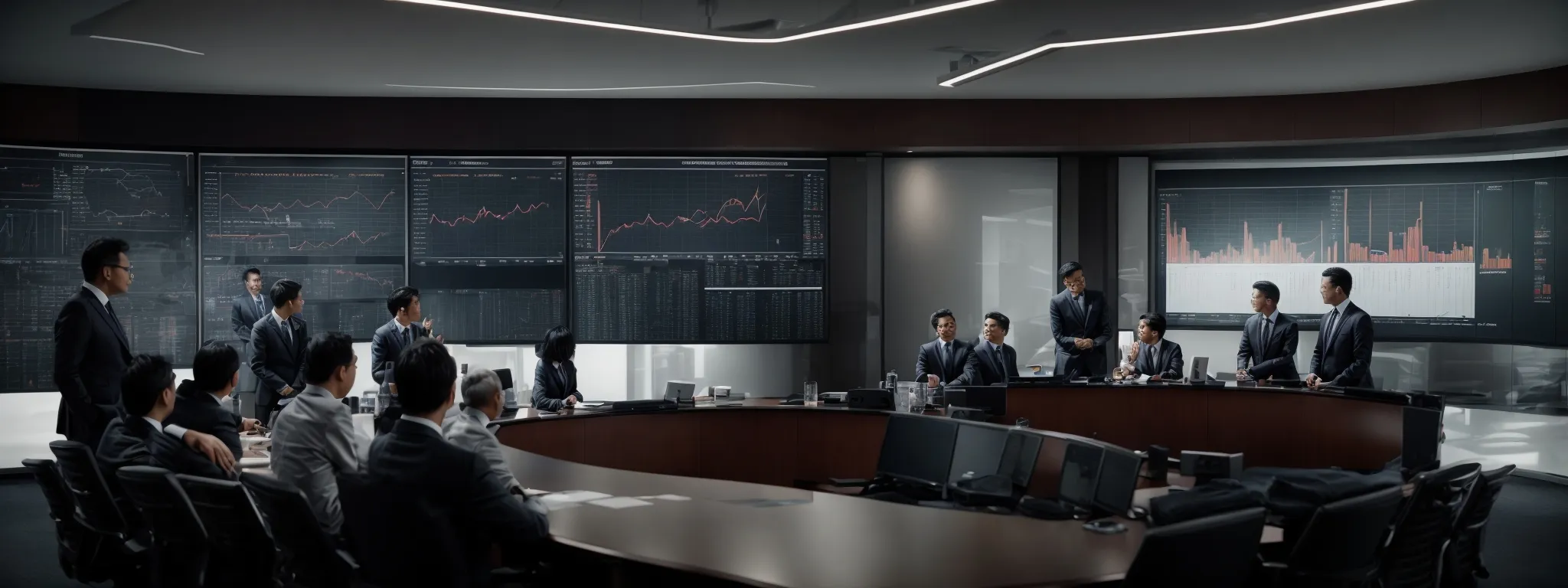 a boardroom with a large screen displaying graphs and charts while executives discuss strategic plans.
