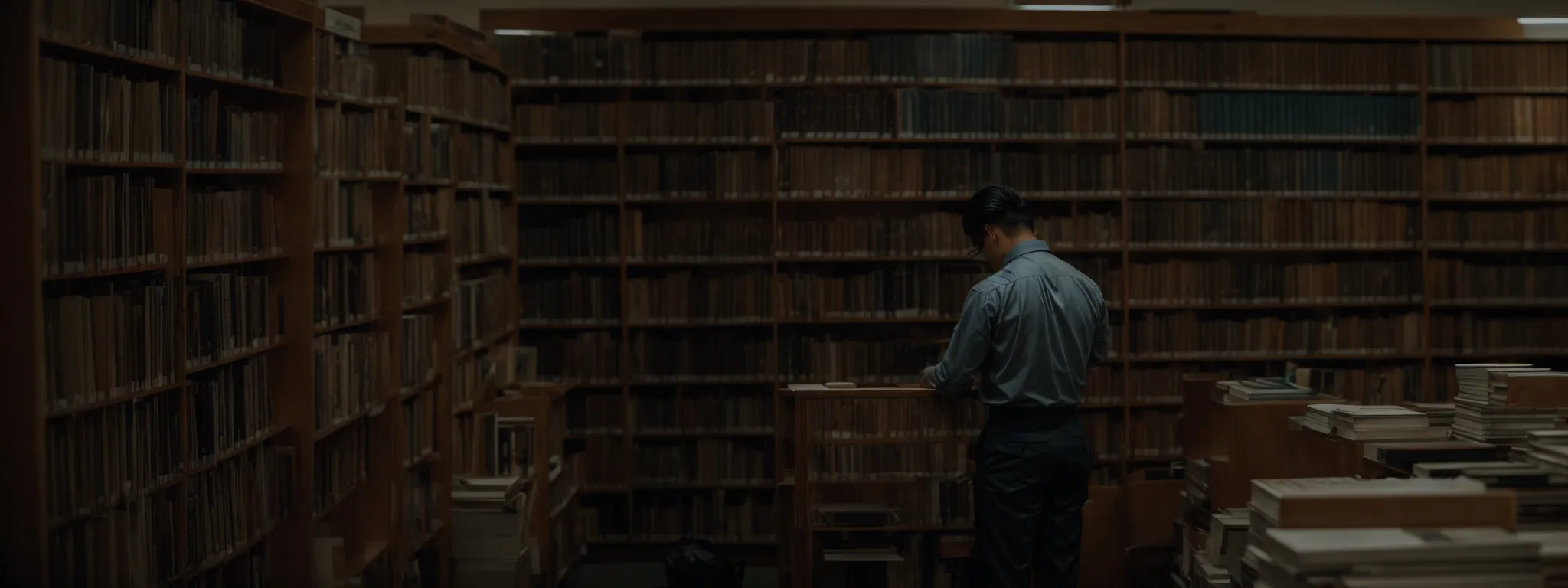 a solitary librarian organizing a shelf to ensure every book has its unique place.