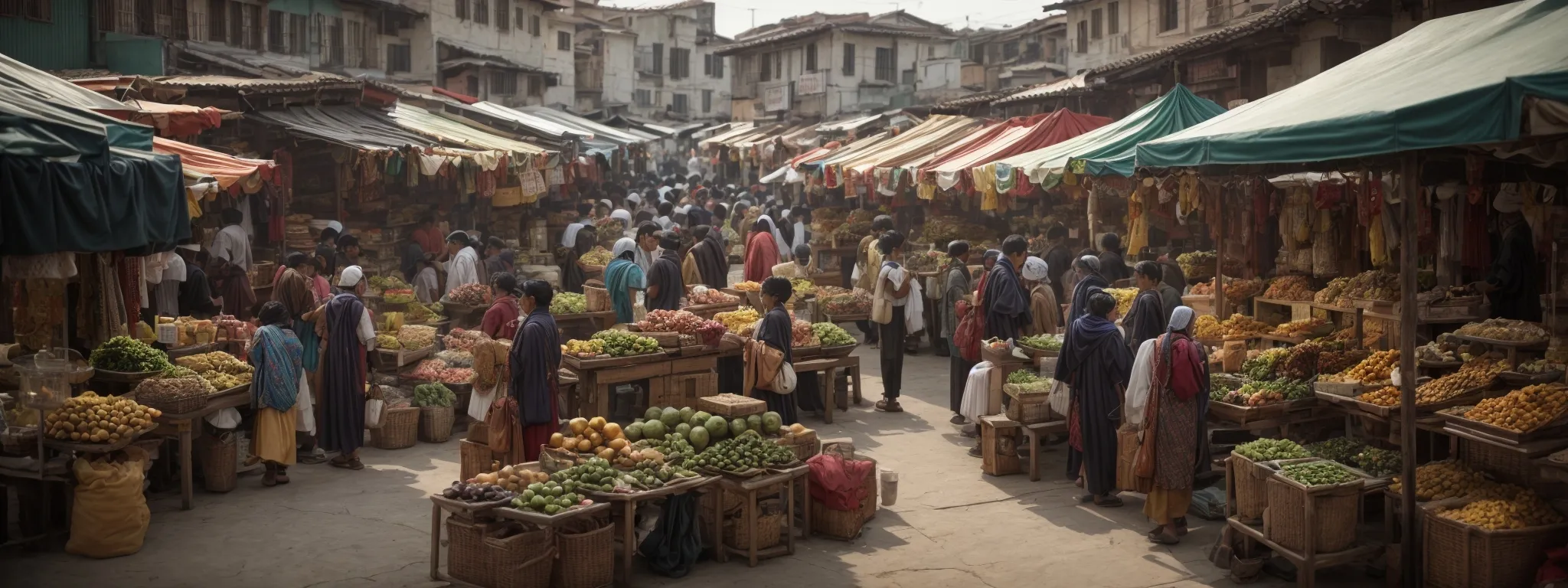 a bustling local market scene with vendors using digital displays showcasing various products.