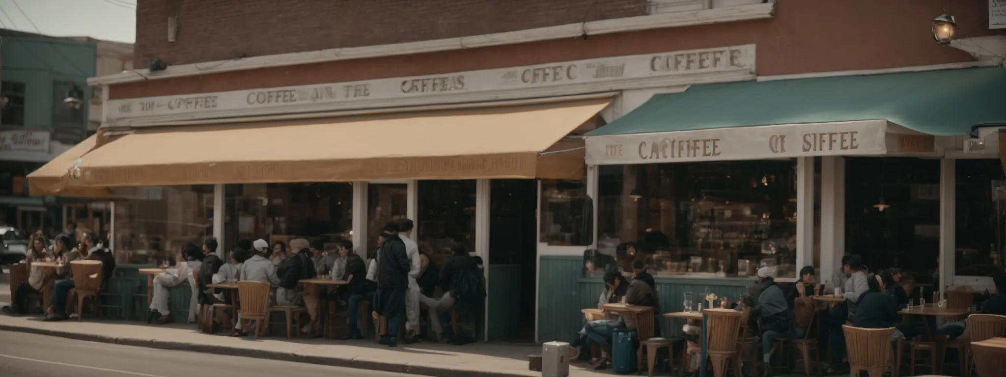 a bustling coffee shop with a prominent storefront sign visible from the street, bustling with local patrons.