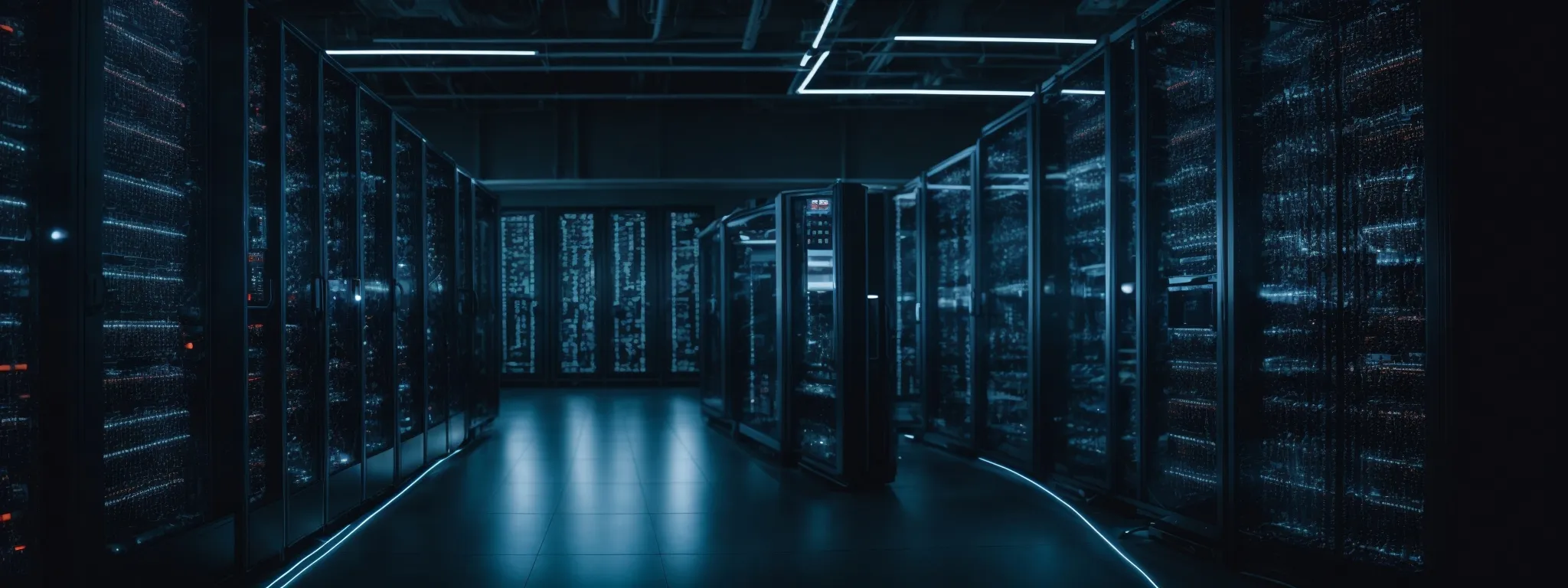 a panoramic view of a bustling digital data center with rows of servers and glowing lights, symbolizing the backbone of online presence and seo strategies.