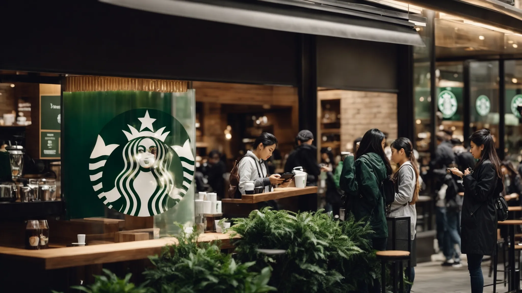 a starbucks coffee shop bustling with customers engaging on their smartphones, while sharing a glance with the recognizable green and white logo.