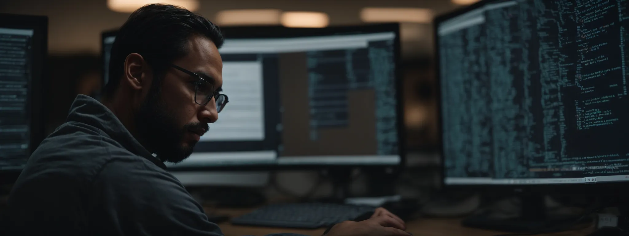 a web developer gazes thoughtfully at a code-laden computer screen, contemplating the broader spectrum of seo tactics beyond mere meta tags.