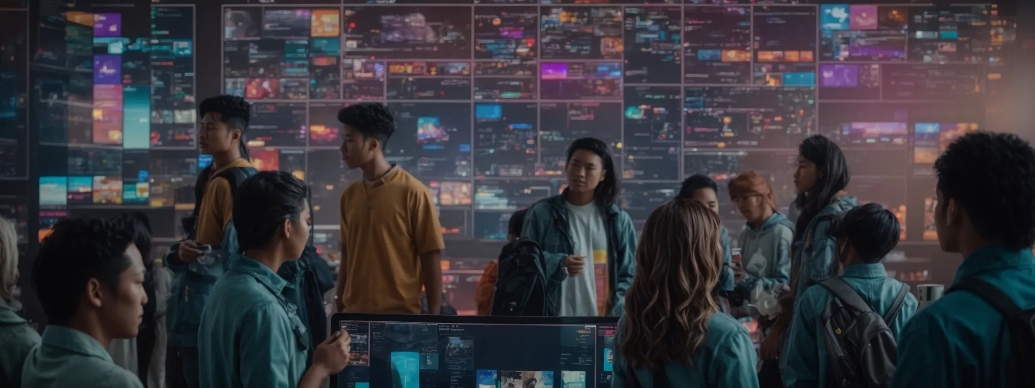a group of people gathered around a large touchscreen, visibly interacting with an array of colorful social media interfaces.