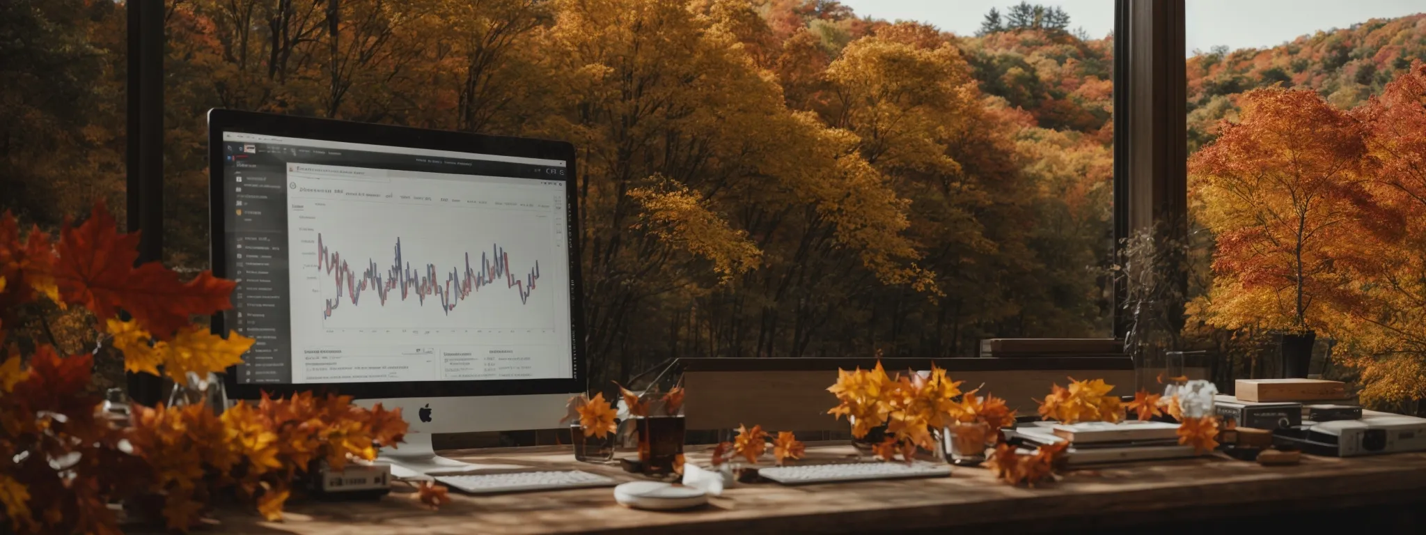a scenic view of a desktop with a computer displaying a graph of website analytics amidst connecticut's autumn foliage.