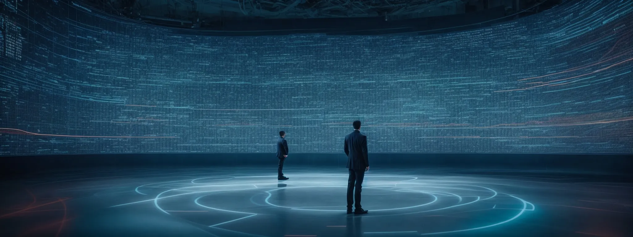 a person stands before a massive, futuristic data visualization screen, symbolizing the analysis of seo trends and technological innovations.